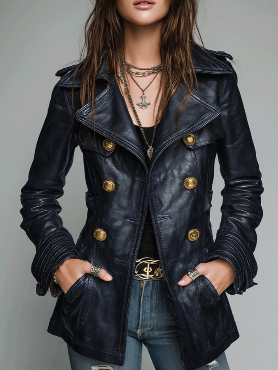 Vintage Black Double-Breasted Faux Leather Jacket - Image 10
