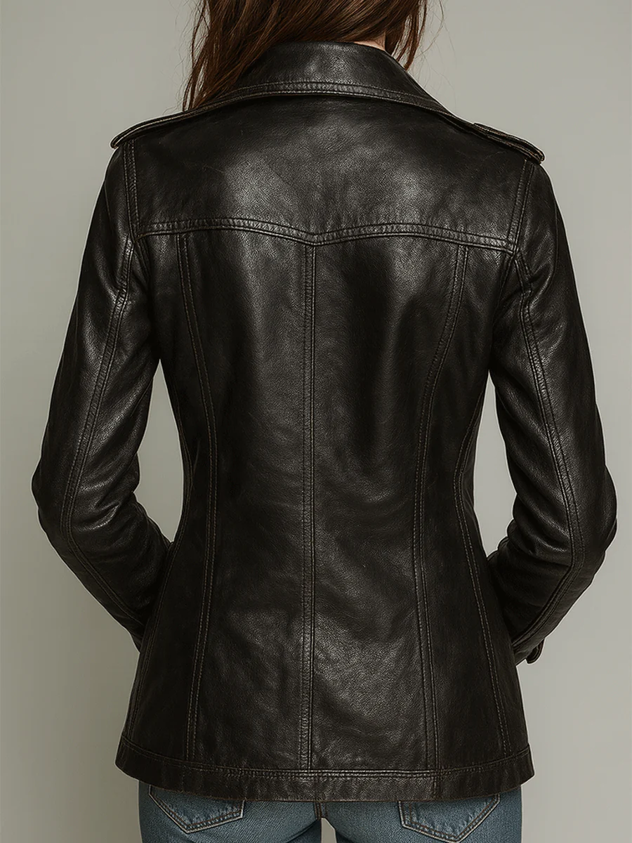 Vintage Black Double-Breasted Faux Leather Jacket - Image 2