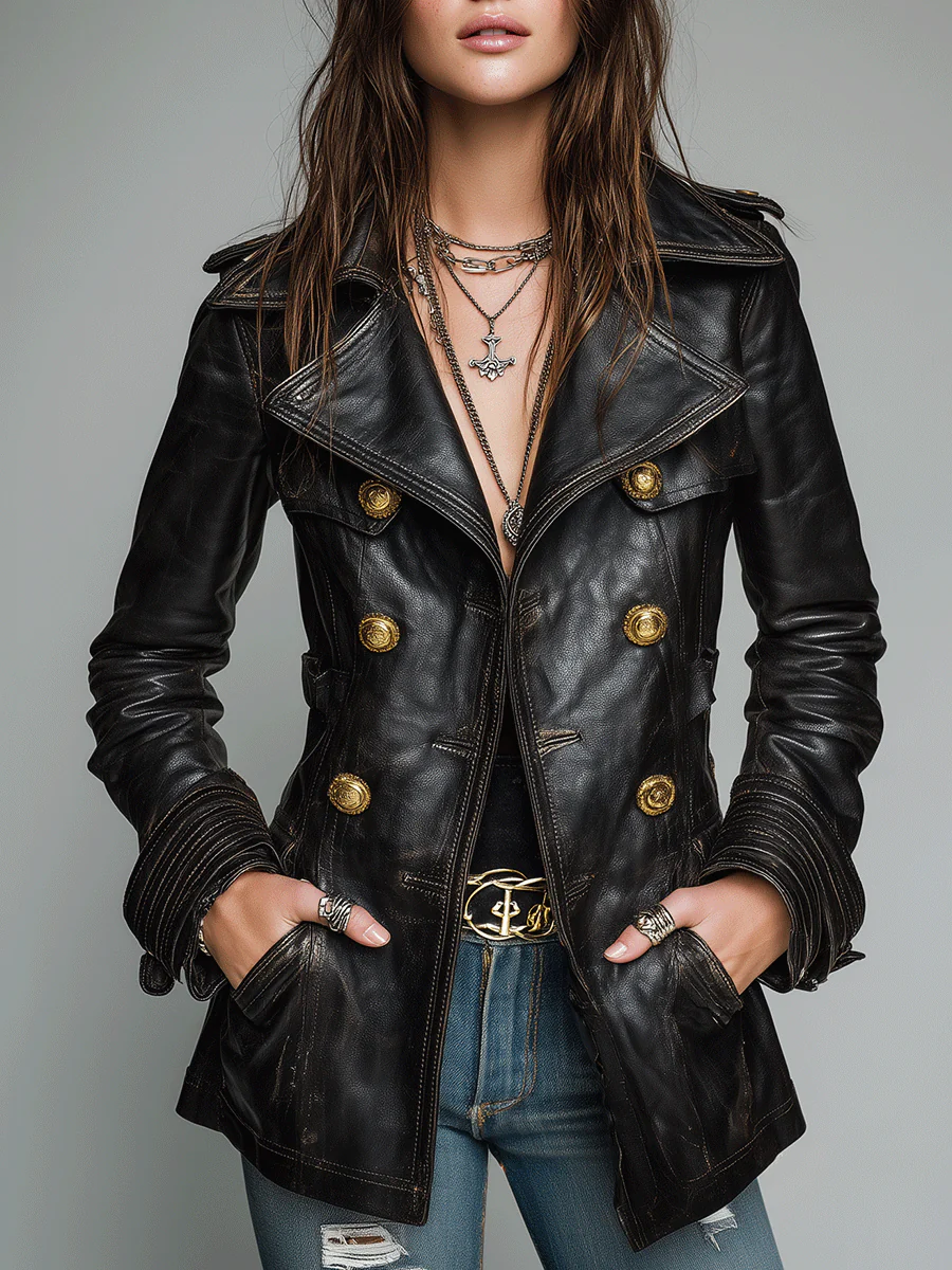 Vintage Black Double-Breasted Faux Leather Jacket - Image 6