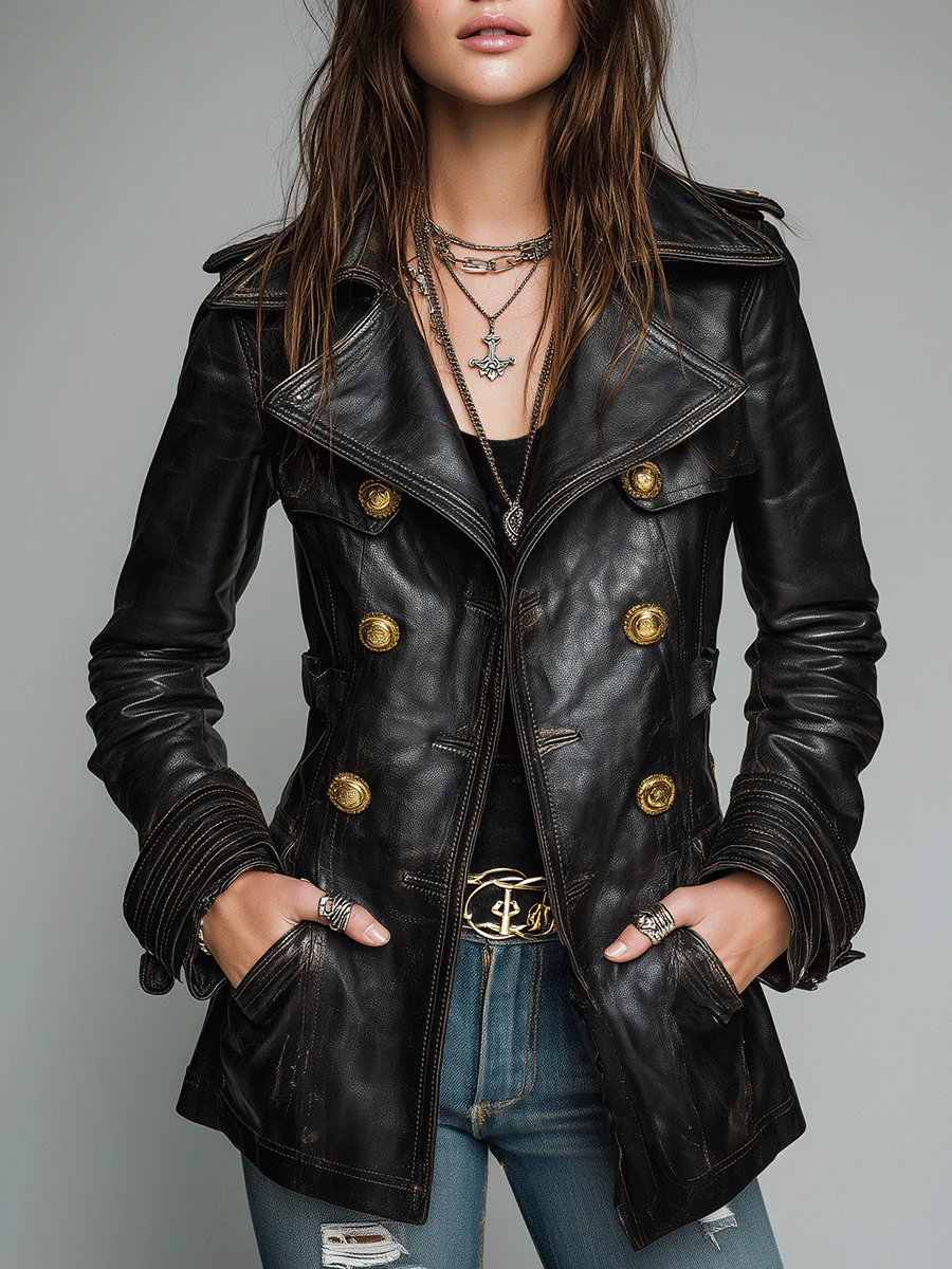 Vintage Black Double-Breasted Faux Leather Jacket - Image 7
