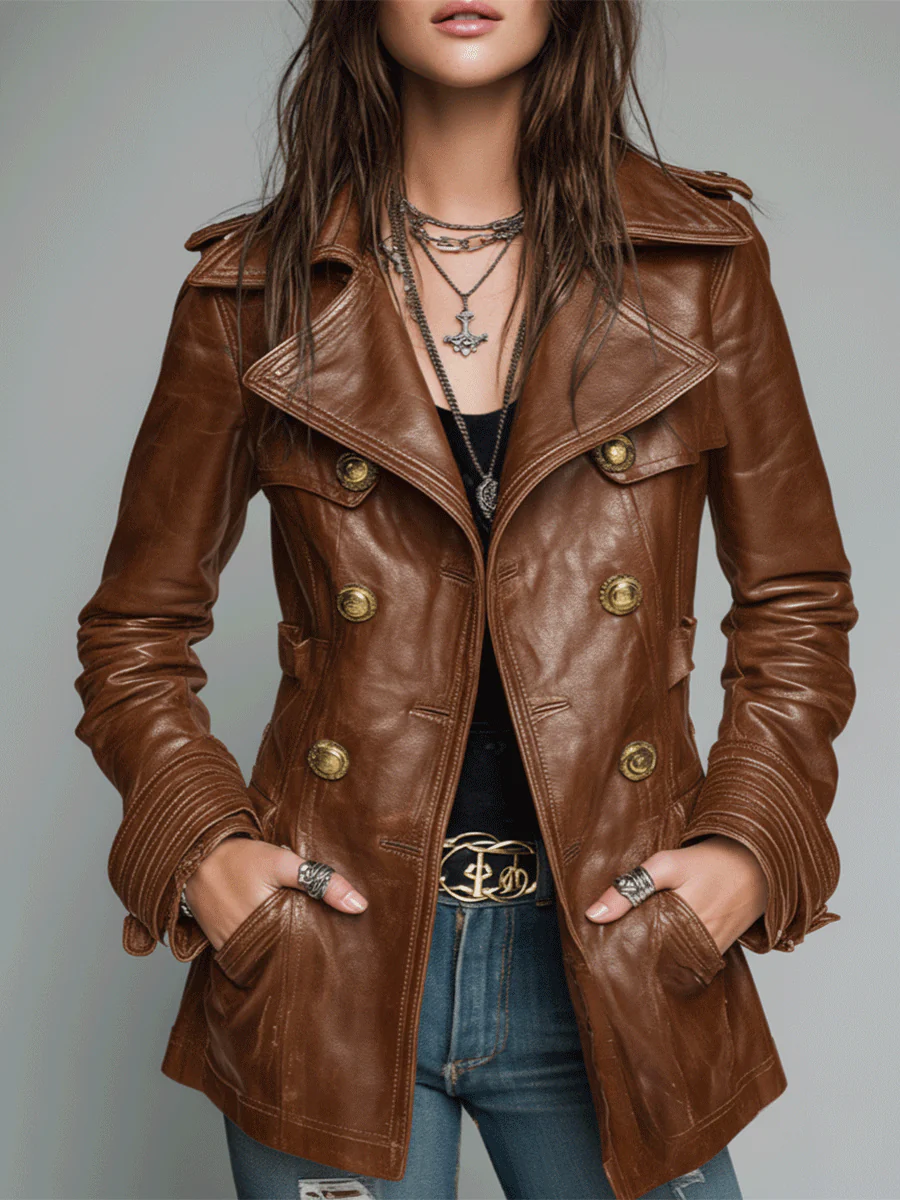 Vintage Black Double-Breasted Faux Leather Jacket - Image 9