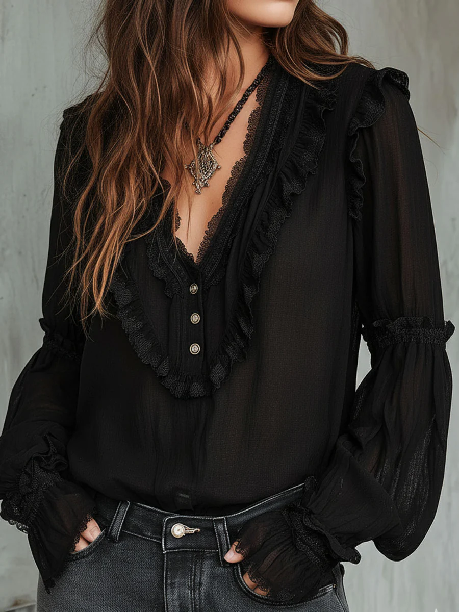 Vintage Black Ruffle Long Sleeve Blouse With Lace Trim - Image 3