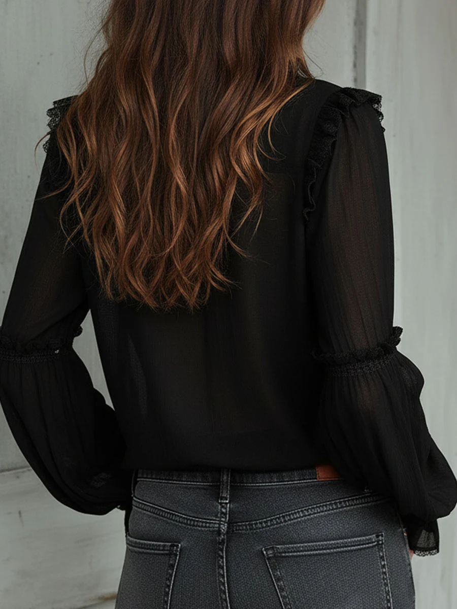 Vintage Black Ruffle Long Sleeve Blouse With Lace Trim - Image 5