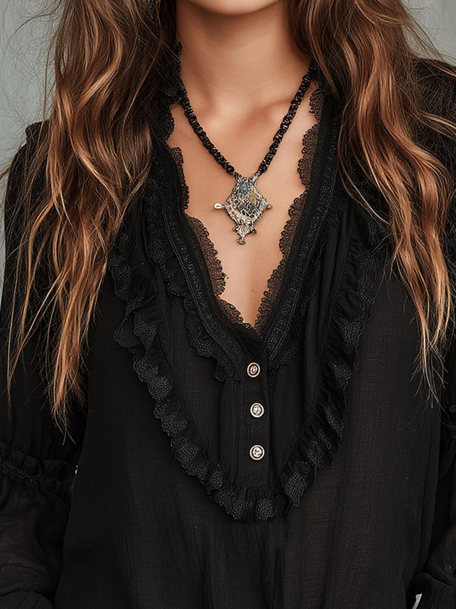 Vintage Black Ruffle Long Sleeve Blouse With Lace Trim - Image 6