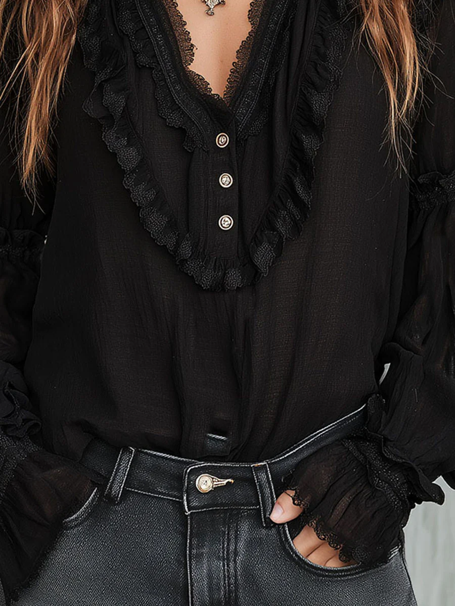 Vintage Black Ruffle Long Sleeve Blouse With Lace Trim - Image 7