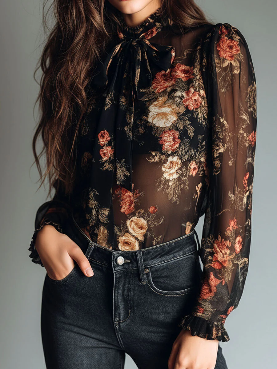 Vintage Black Sheer Chiffon Floral Tie Neck Blouse - Image 2