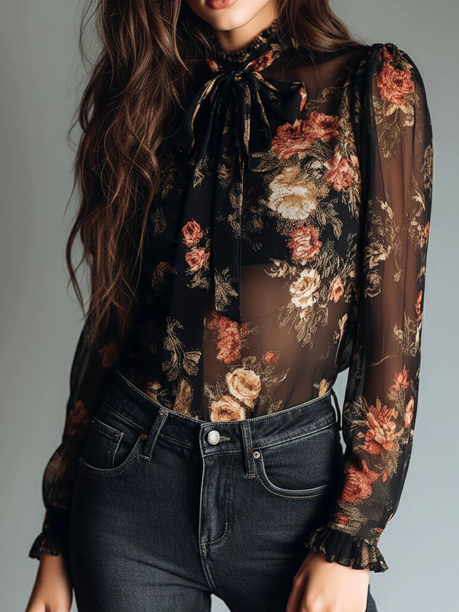 Vintage Black Sheer Chiffon Floral Tie Neck Blouse - Image 3