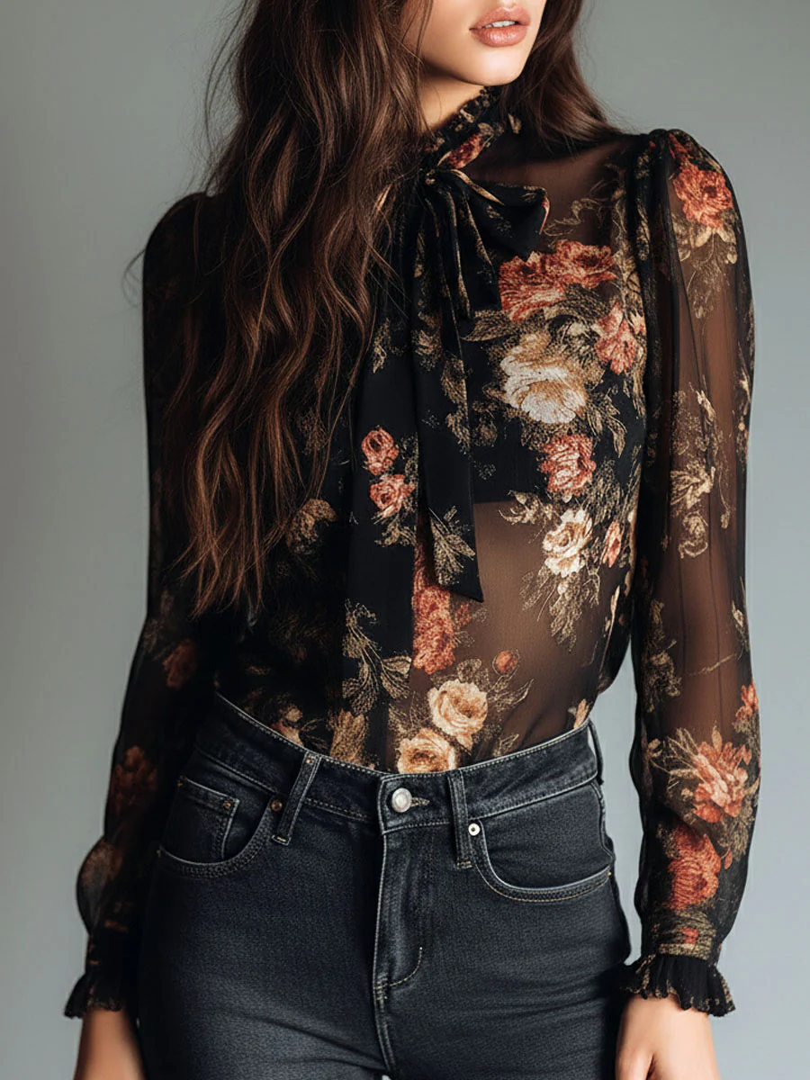 Vintage Black Sheer Chiffon Floral Tie Neck Blouse - Image 4