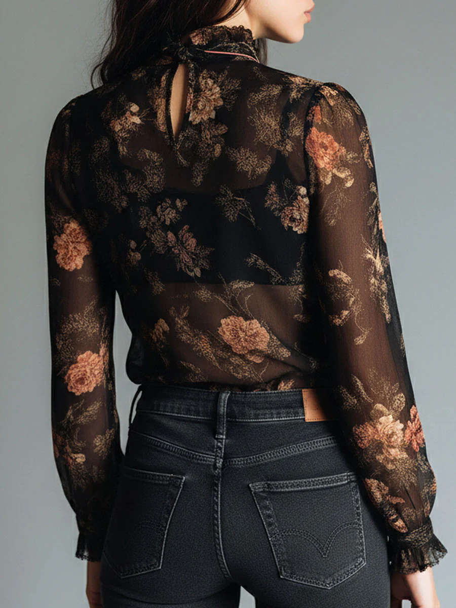 Vintage Black Sheer Chiffon Floral Tie Neck Blouse - Image 5