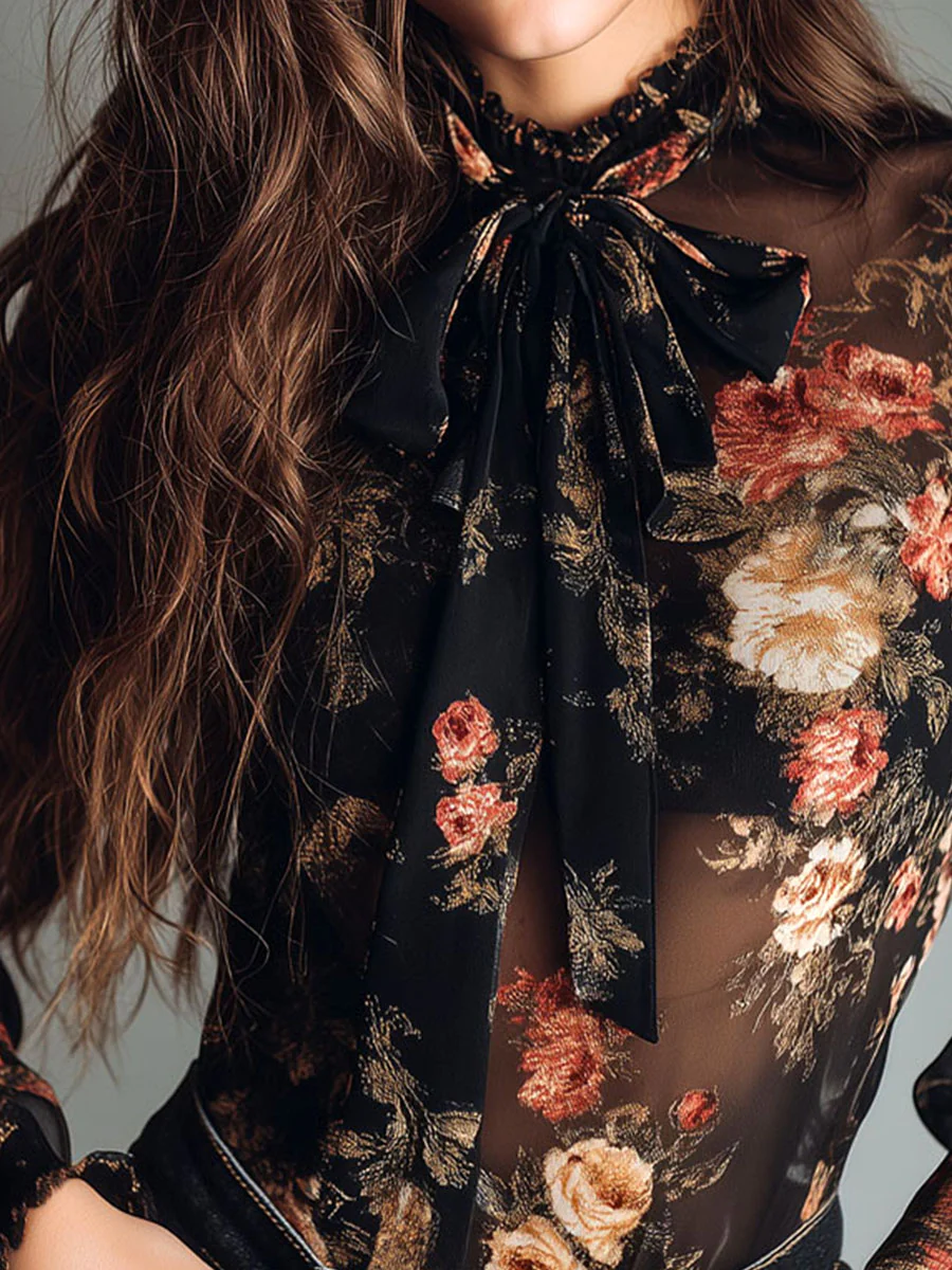 Vintage Black Sheer Chiffon Floral Tie Neck Blouse - Image 6