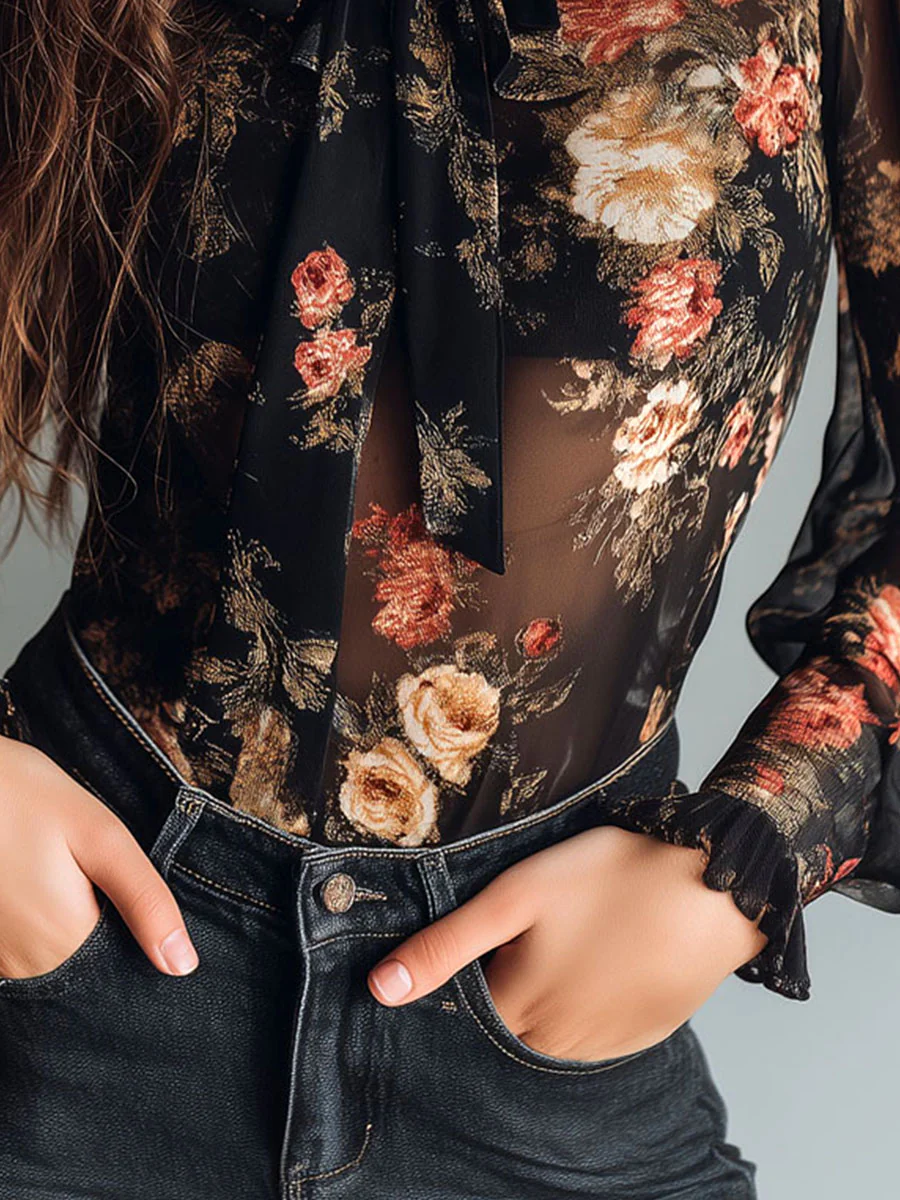 Vintage Black Sheer Chiffon Floral Tie Neck Blouse - Image 7