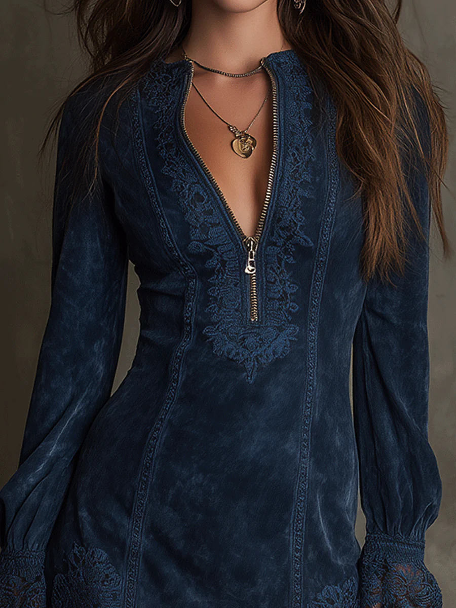 Vintage Blue Suede Lace Trim Mini Dress - Image 3