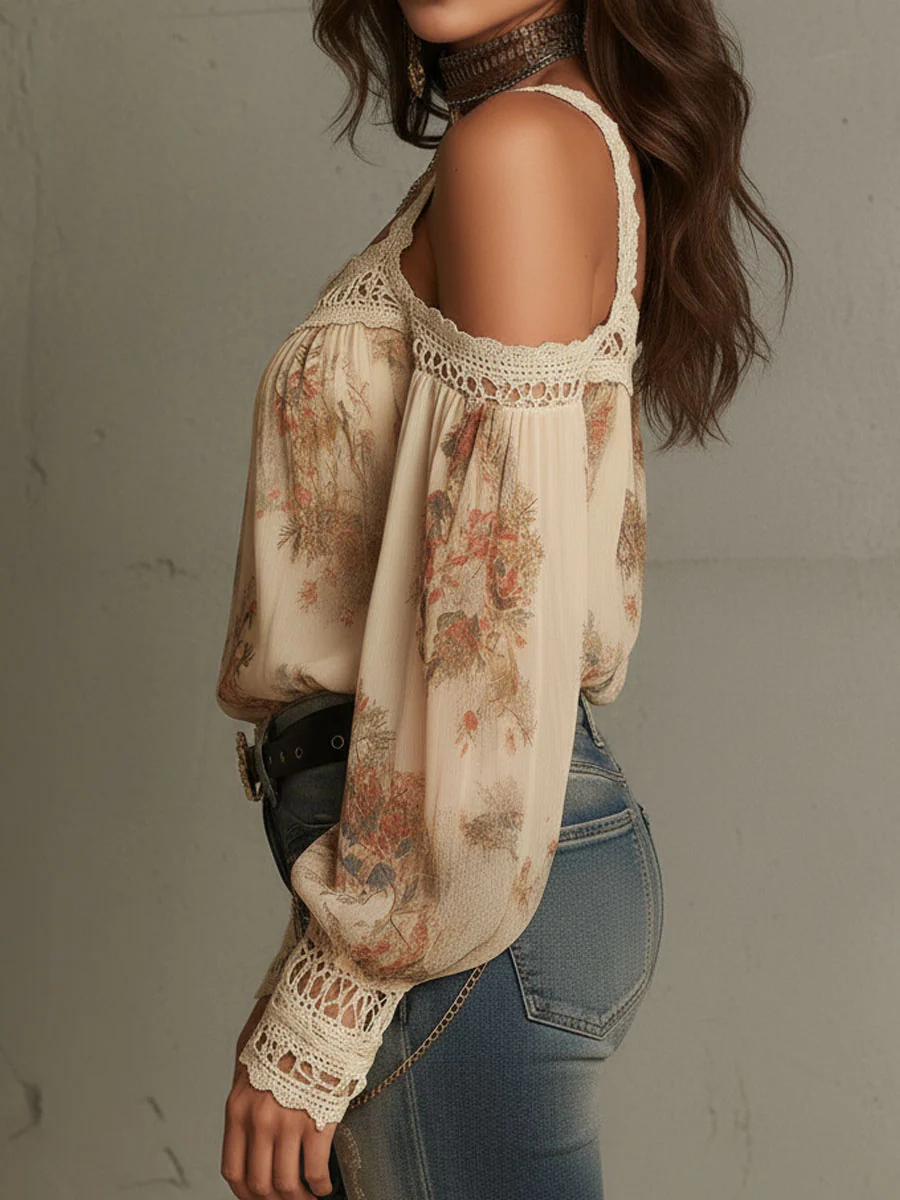 Vintage Boho Cream Floral Off-Shoulder Lace Blouse - Image 5