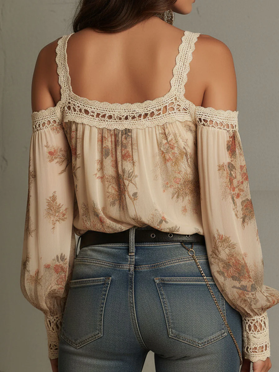 Vintage Boho Cream Floral Off-Shoulder Lace Blouse - Image 6