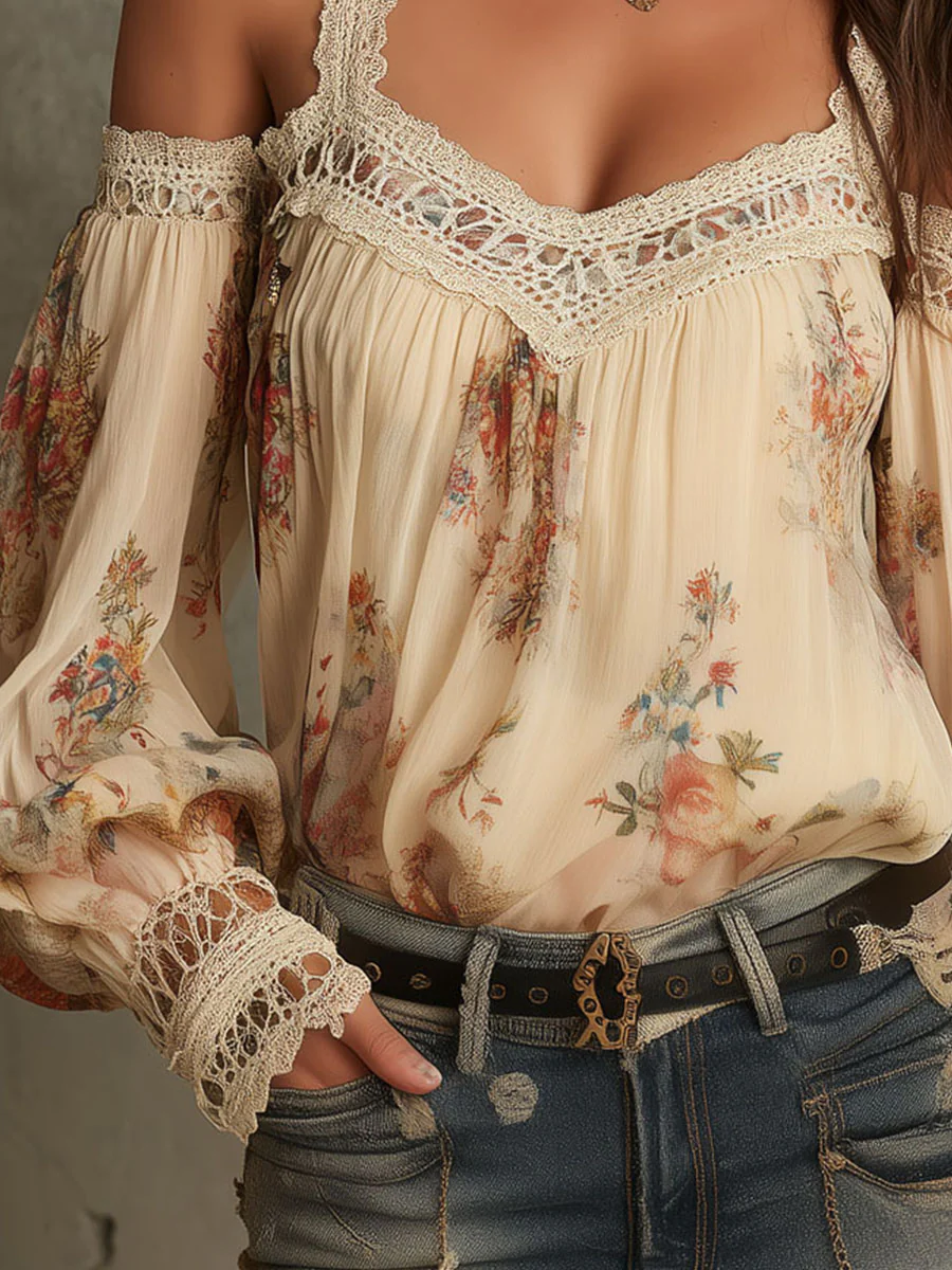 Vintage Boho Cream Floral Off-Shoulder Lace Blouse - Image 8