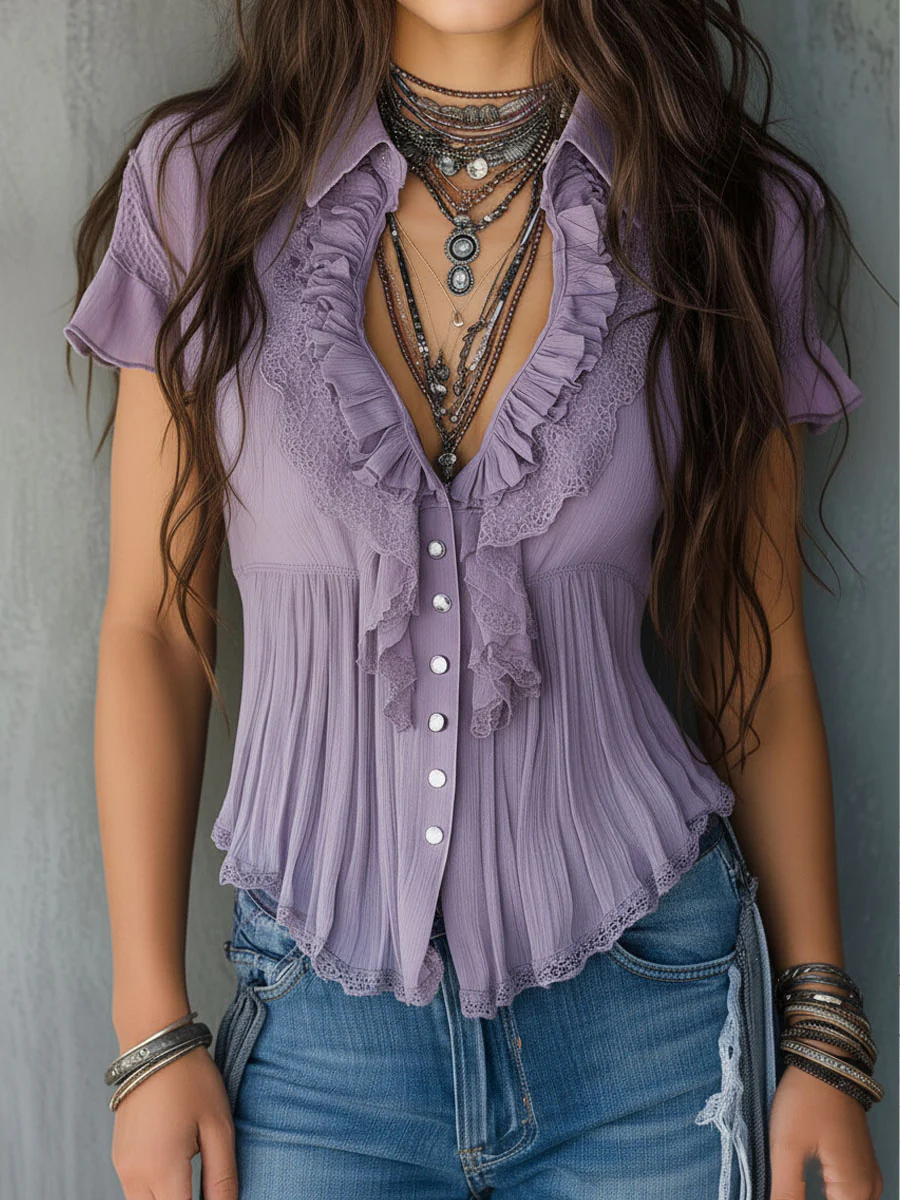 Vintage Boho Lavender Pleated Ruffled Lace Blouse - Image 3
