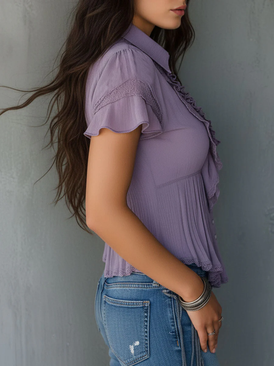 Vintage Boho Lavender Pleated Ruffled Lace Blouse - Image 4