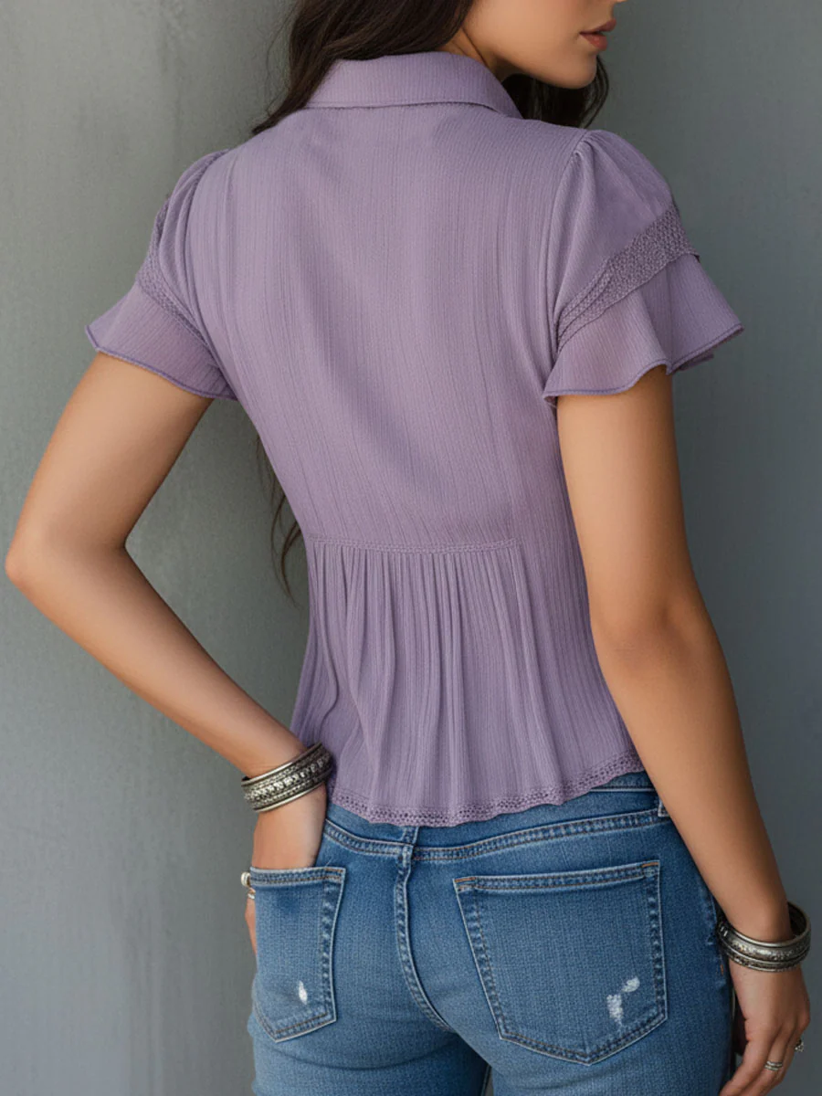 Vintage Boho Lavender Pleated Ruffled Lace Blouse - Image 5