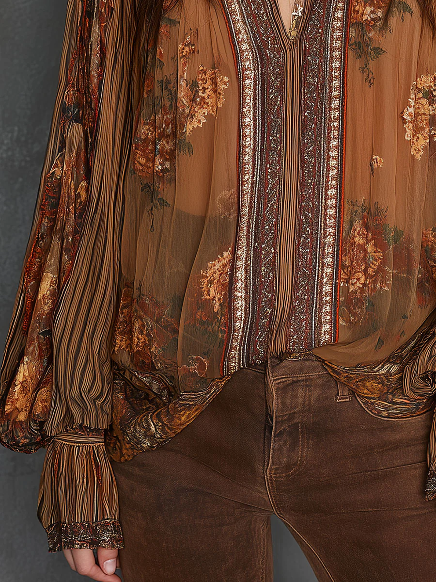Vintage Boho Sheer Floral Blouse With Billowy Sleeves - Image 10
