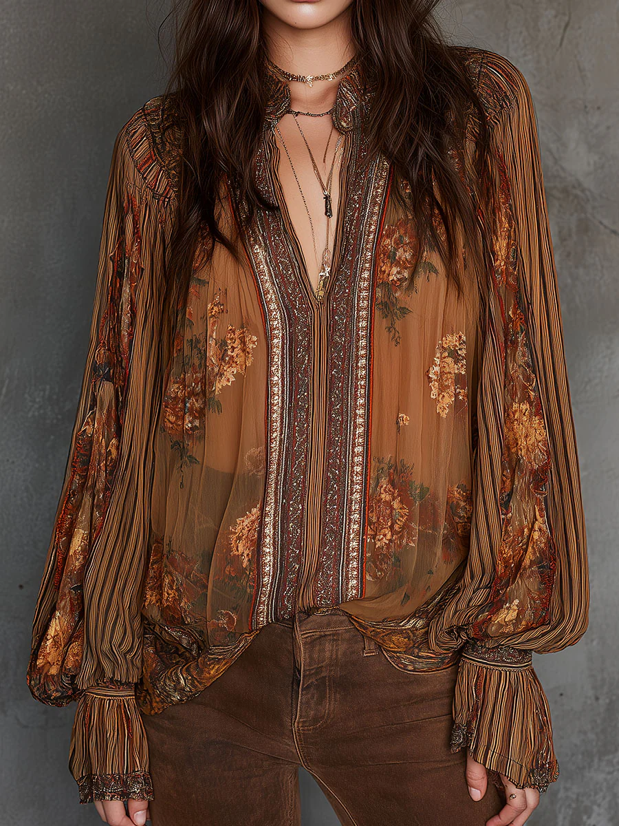 Vintage Boho Sheer Floral Blouse With Billowy Sleeves - Image 11