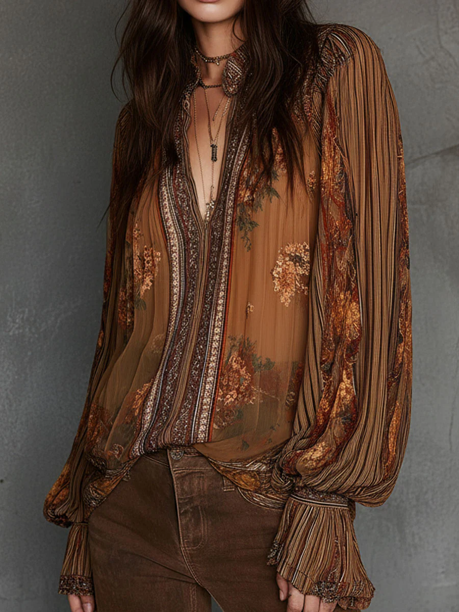 Vintage Boho Sheer Floral Blouse With Billowy Sleeves - Image 2
