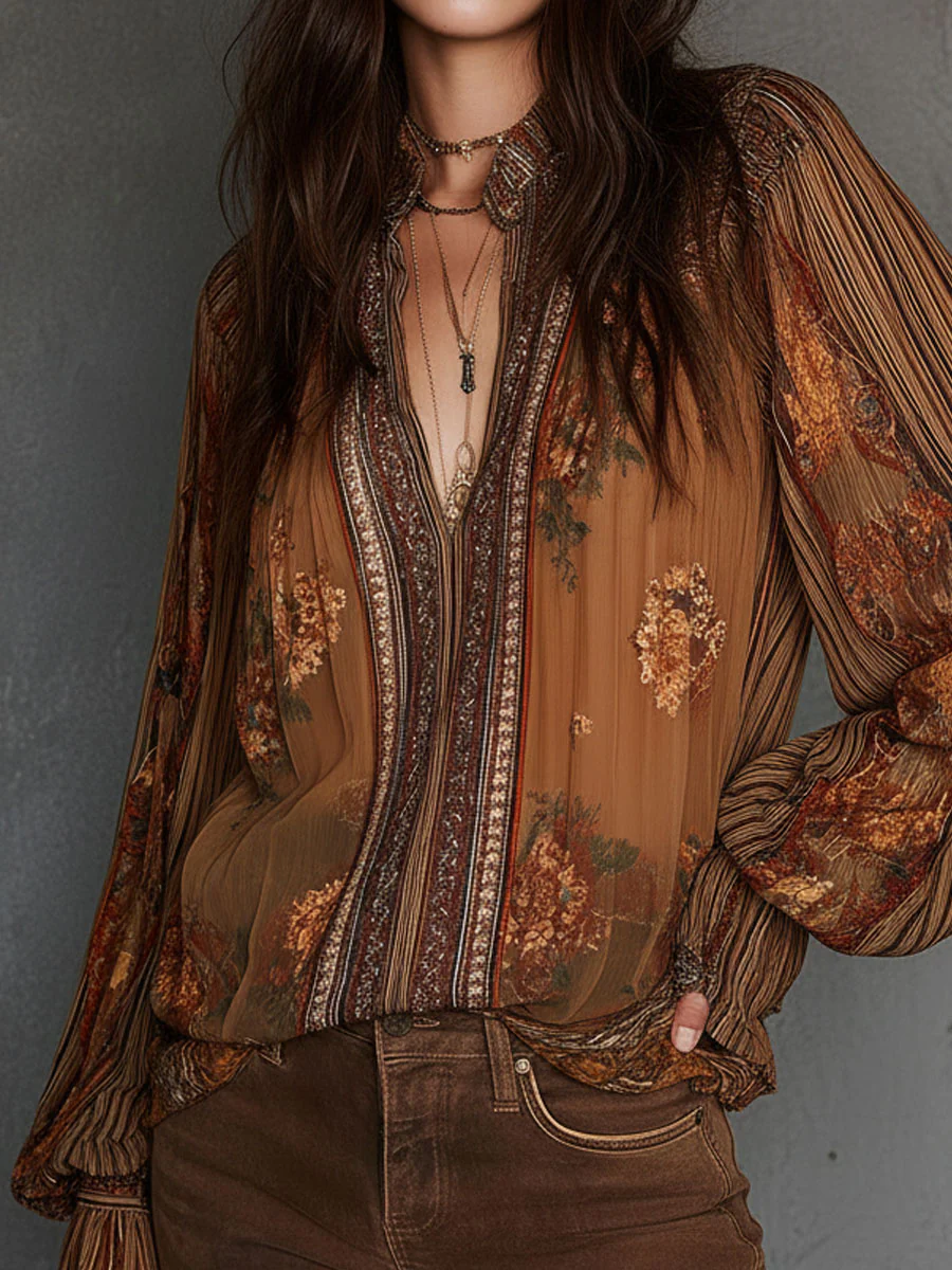Vintage Boho Sheer Floral Blouse With Billowy Sleeves - Image 3