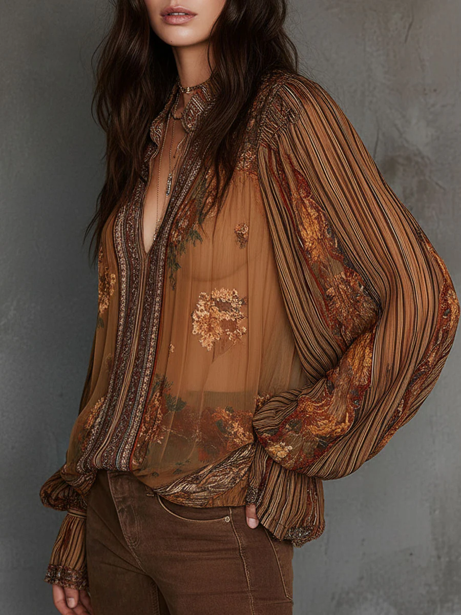 Vintage Boho Sheer Floral Blouse With Billowy Sleeves - Image 4