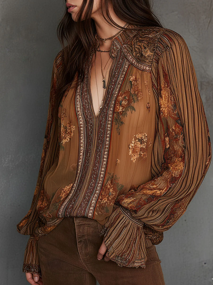 Vintage Boho Sheer Floral Blouse With Billowy Sleeves - Image 5