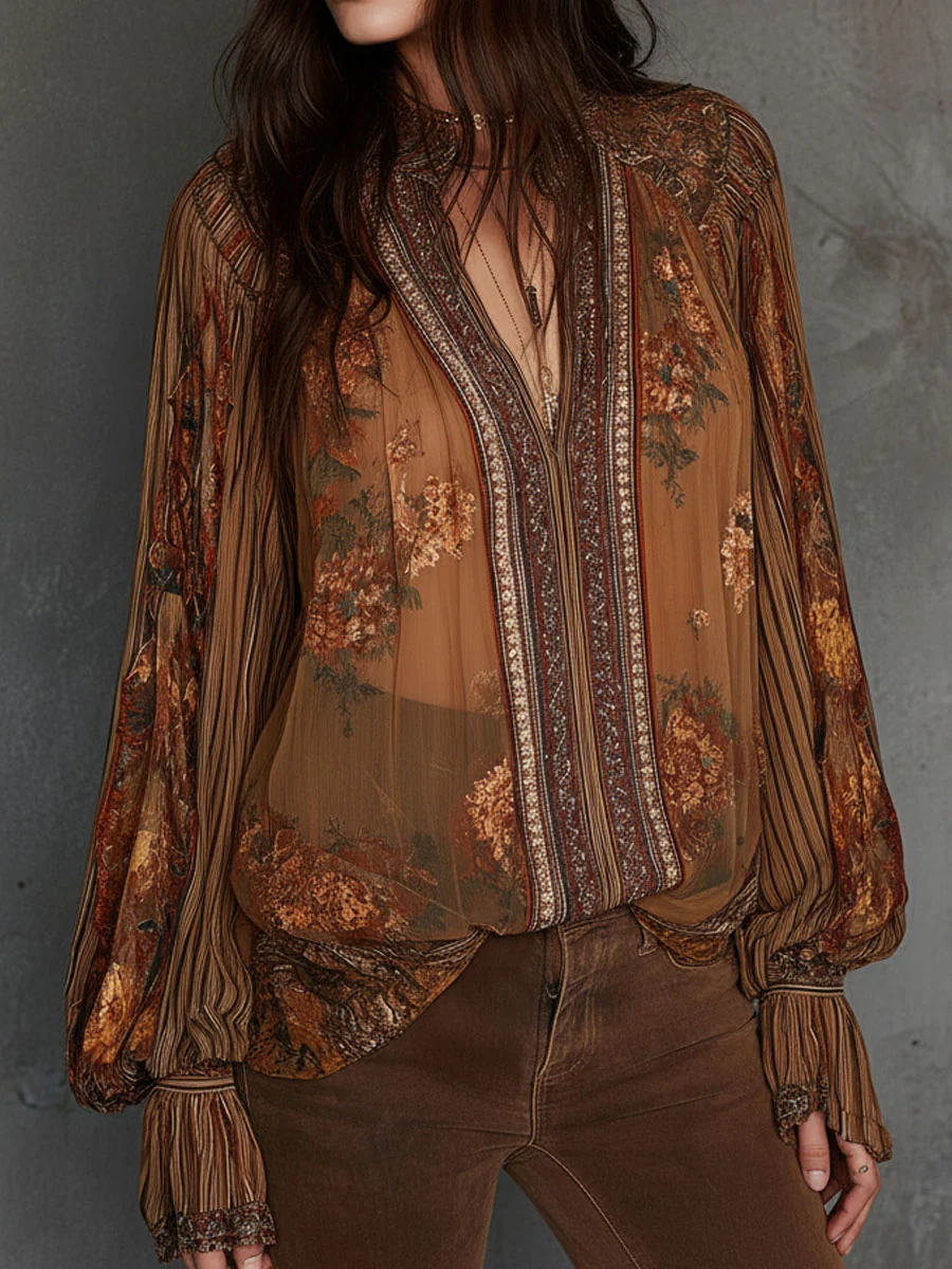 Vintage Boho Sheer Floral Blouse With Billowy Sleeves - Image 6