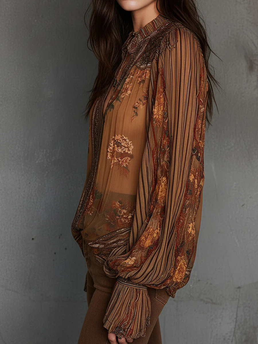 Vintage Boho Sheer Floral Blouse With Billowy Sleeves - Image 7