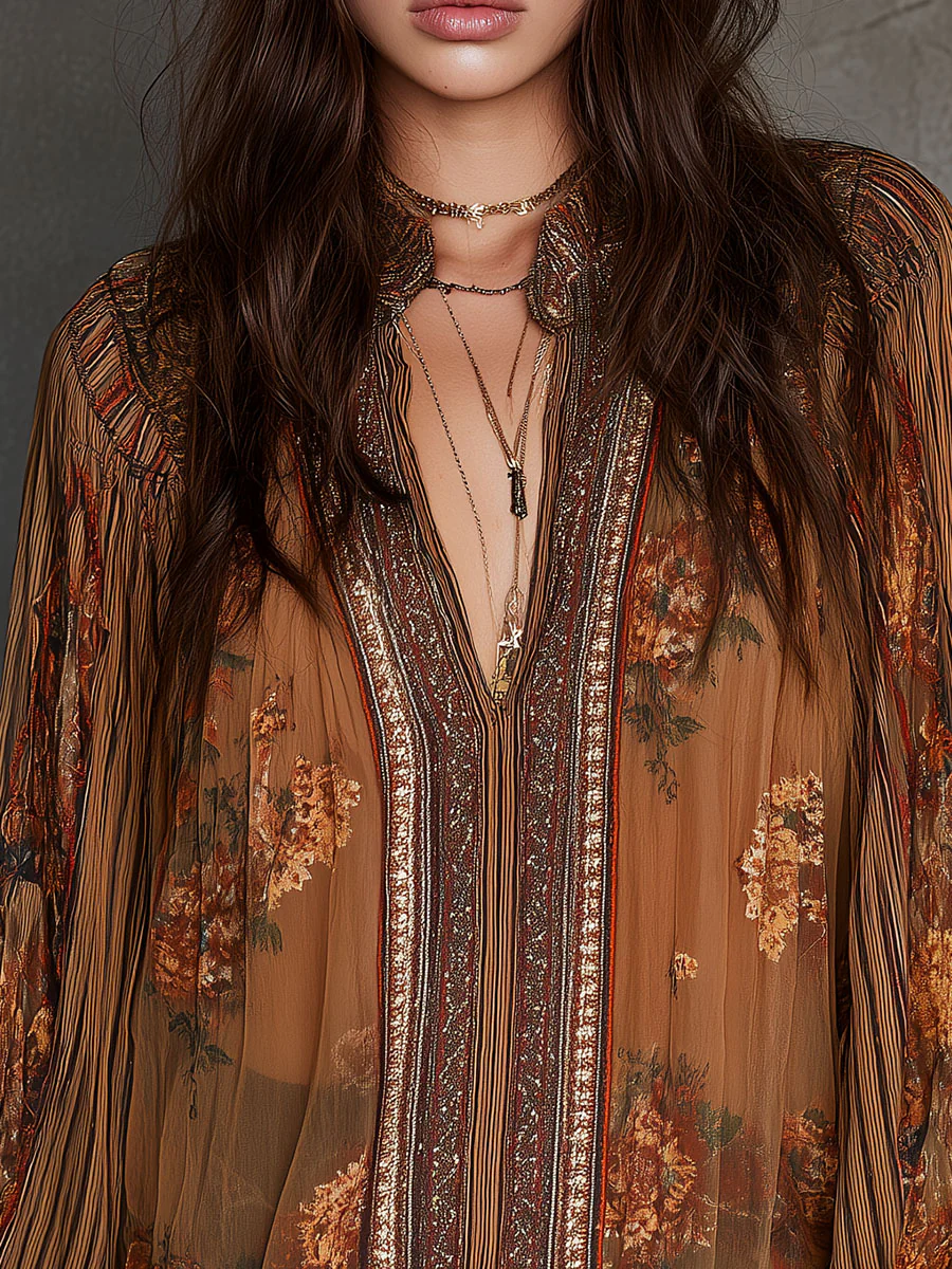 Vintage Boho Sheer Floral Blouse With Billowy Sleeves - Image 9