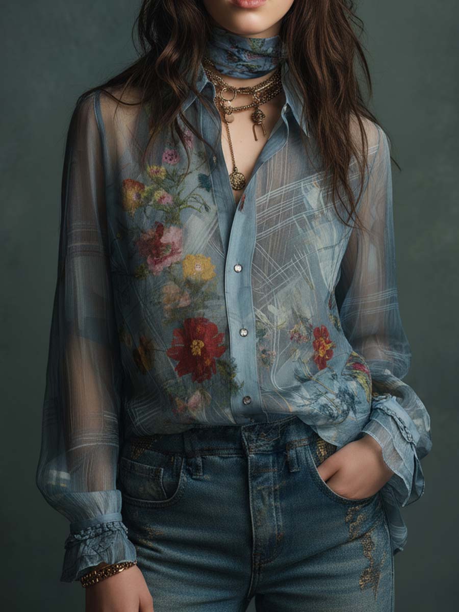 Vintage Boho Sheer Floral Button-Up Blouse - Image 2