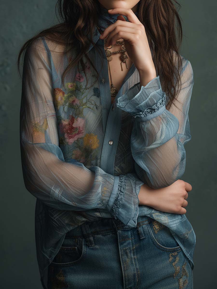 Vintage Boho Sheer Floral Button-Up Blouse - Image 3