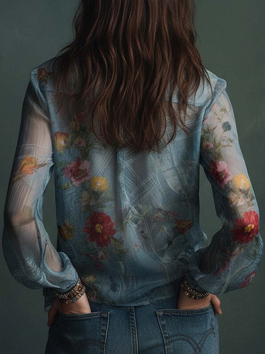 Vintage Boho Sheer Floral Button-Up Blouse - Image 4