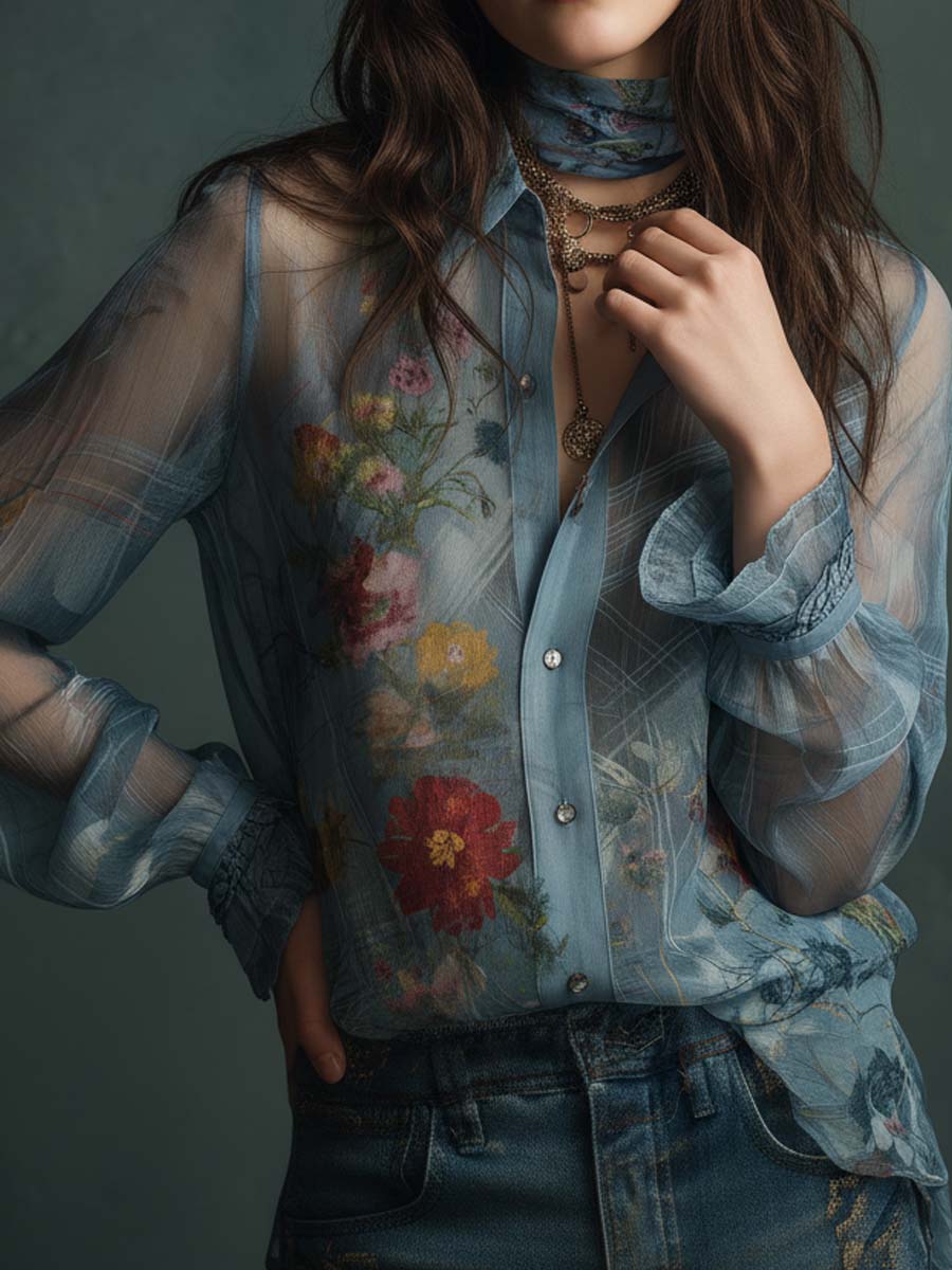 Vintage Boho Sheer Floral Button-Up Blouse - Image 5