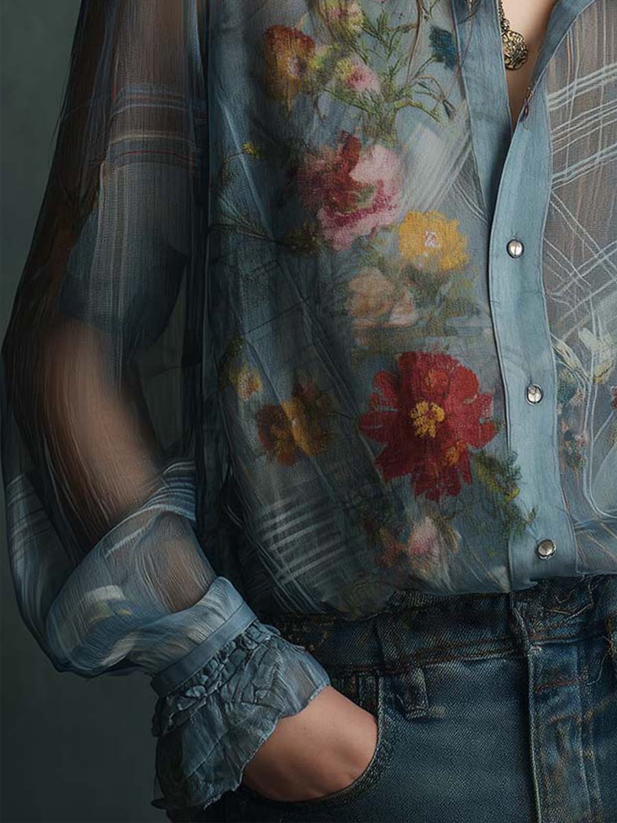 Vintage Boho Sheer Floral Button-Up Blouse - Image 6