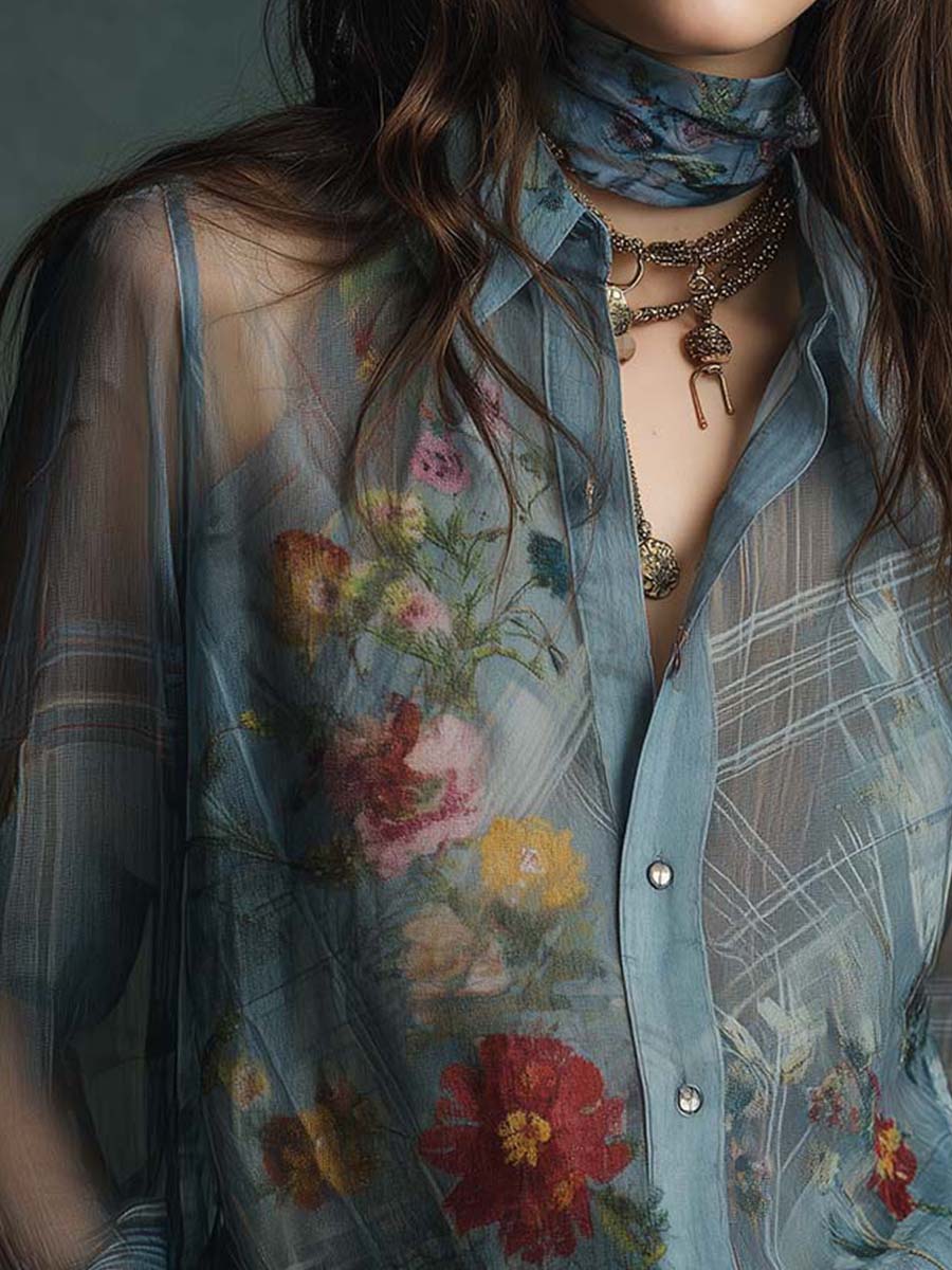 Vintage Boho Sheer Floral Button-Up Blouse - Image 7