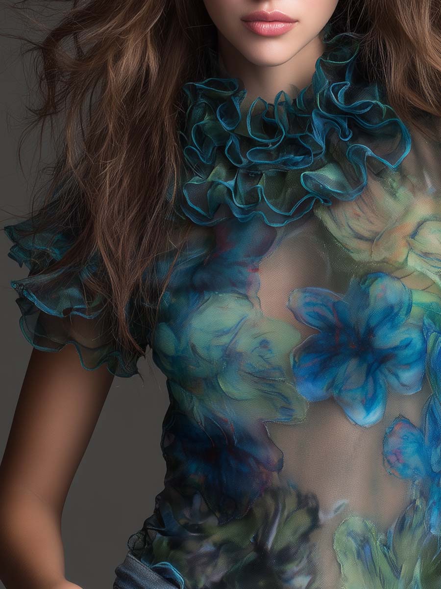 Vintage Boho Sheer Floral Ruffle Mesh Top - Image 2