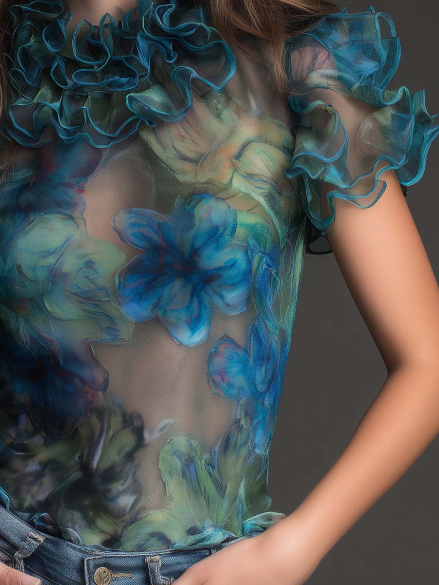 Vintage Boho Sheer Floral Ruffle Mesh Top - Image 3