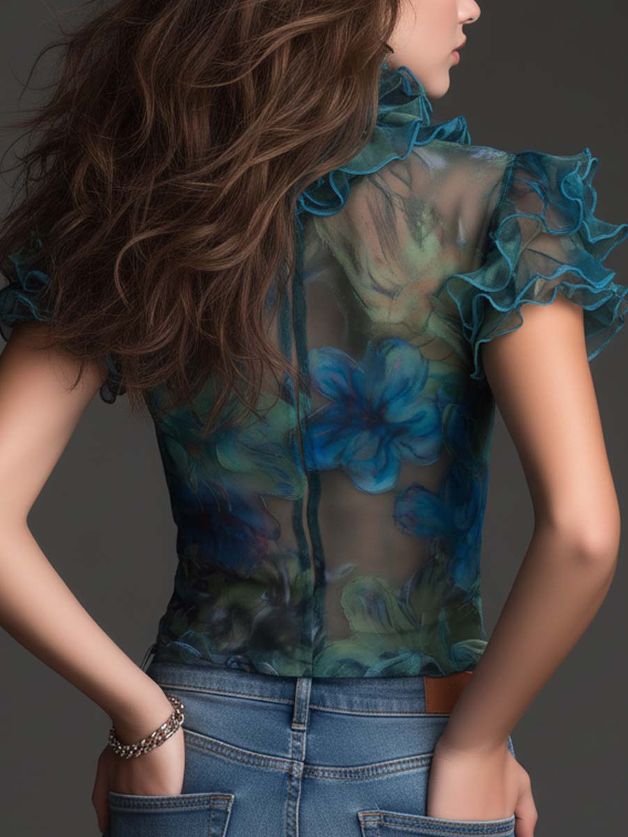 Vintage Boho Sheer Floral Ruffle Mesh Top - Image 4