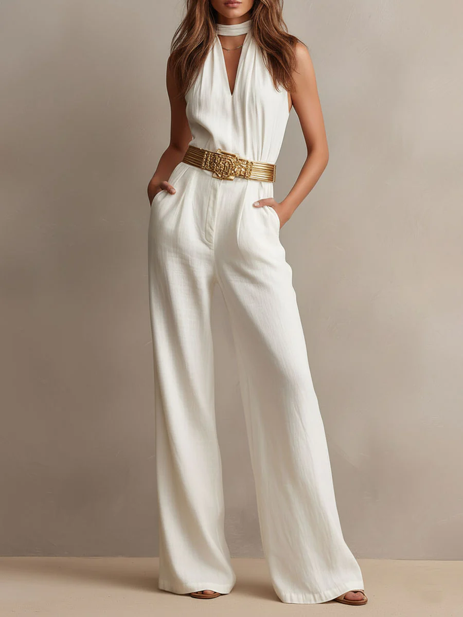 Vintage Boho White Halter Wide-Leg One Piece Jumpsuit - Image 2