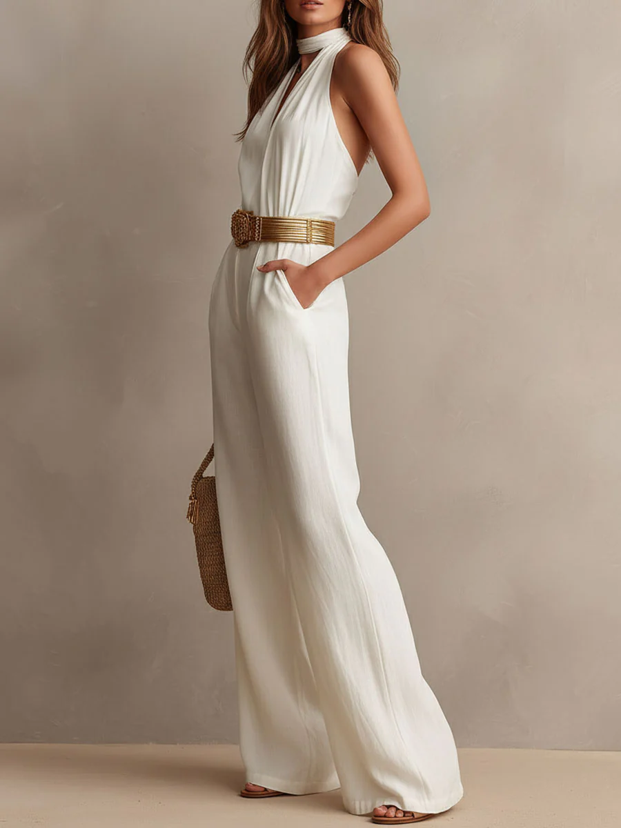 Vintage Boho White Halter Wide-Leg One Piece Jumpsuit - Image 3