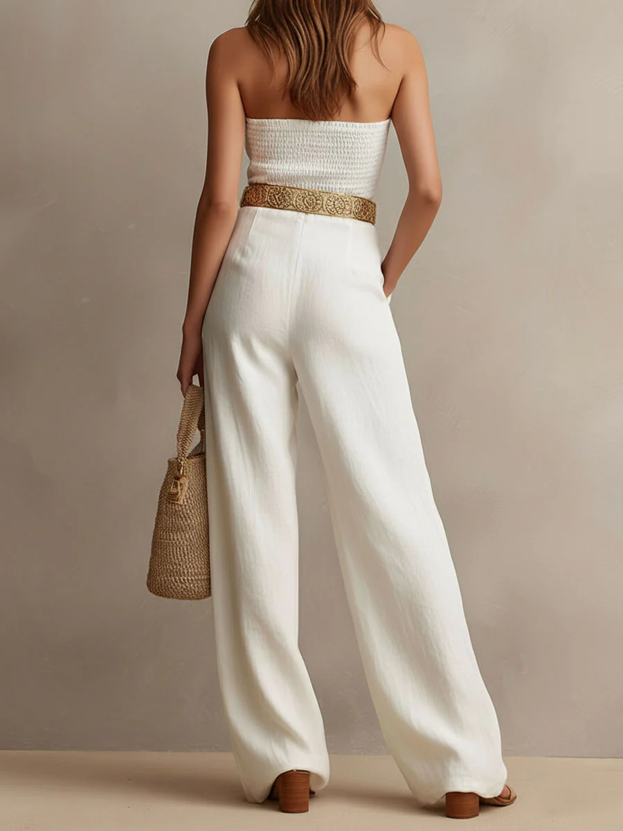 Vintage Boho White Halter Wide-Leg One Piece Jumpsuit - Image 5
