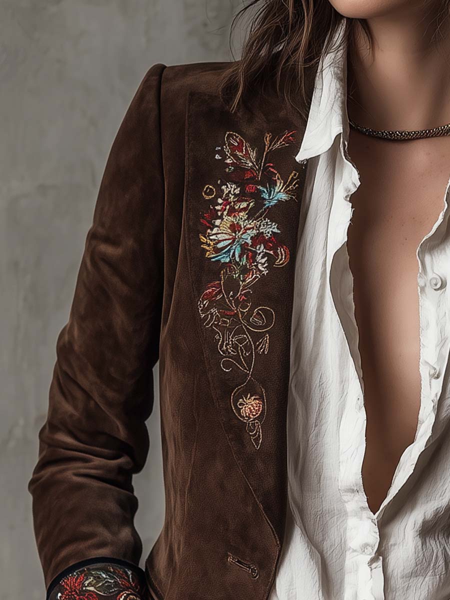 Vintage Brown Suede Blazer With Embroidered Details - Image 3