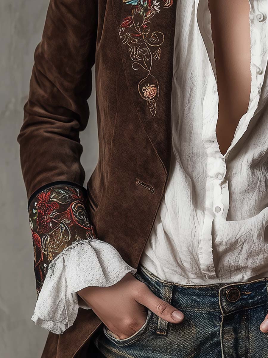 Vintage Brown Suede Blazer With Embroidered Details - Image 4