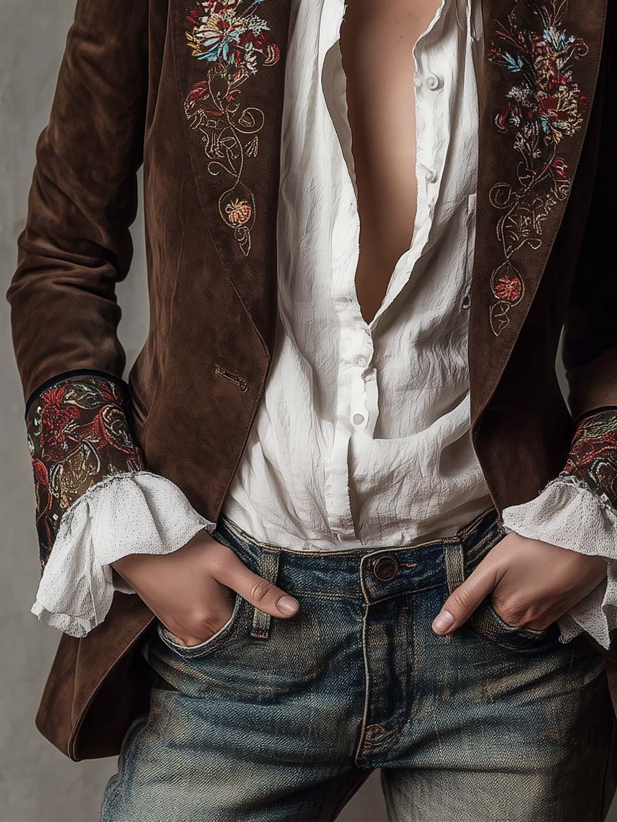 Vintage Brown Suede Blazer With Embroidered Details - Image 5
