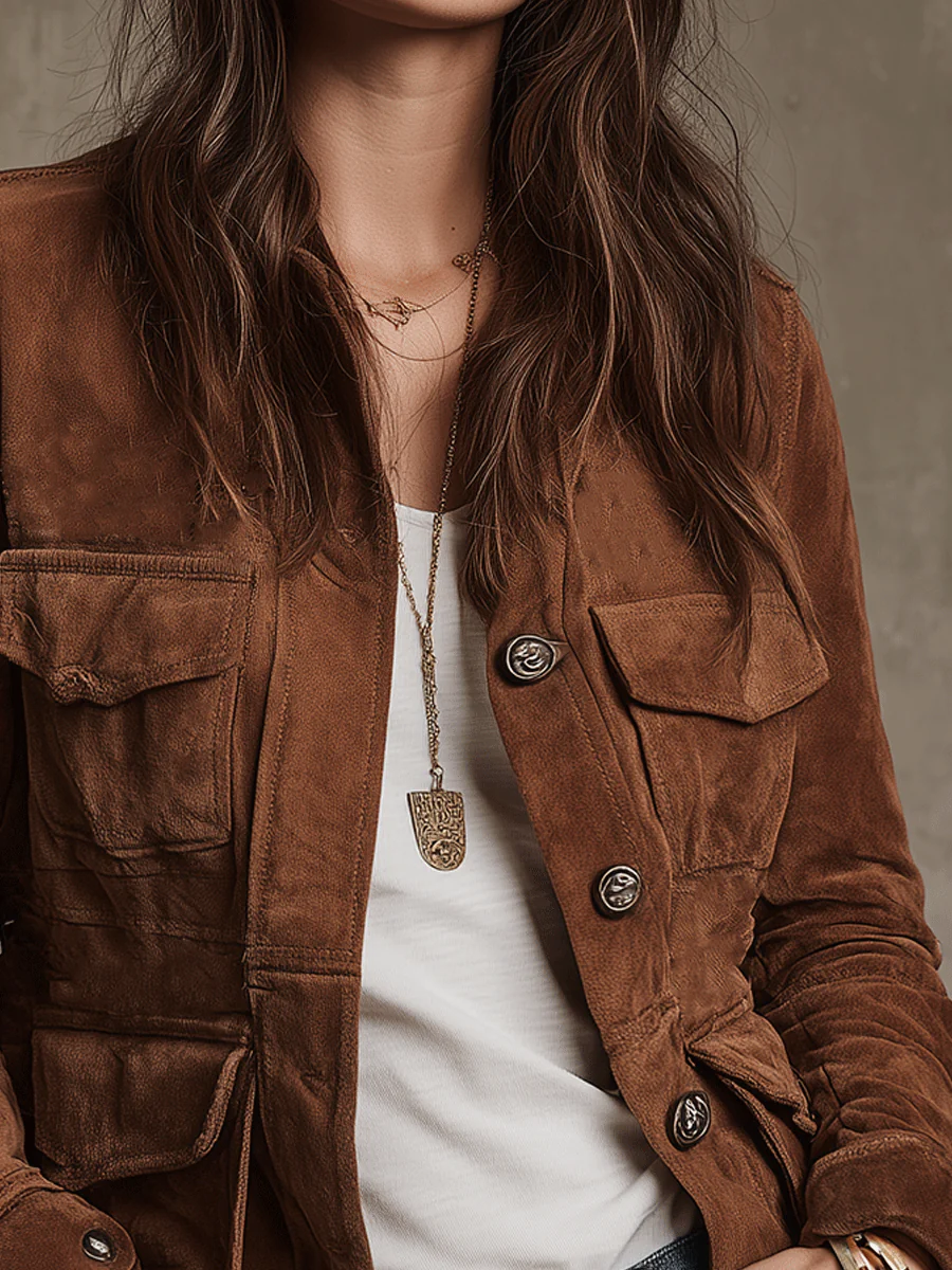Vintage Brown Suede Utility Jacket - Image 3