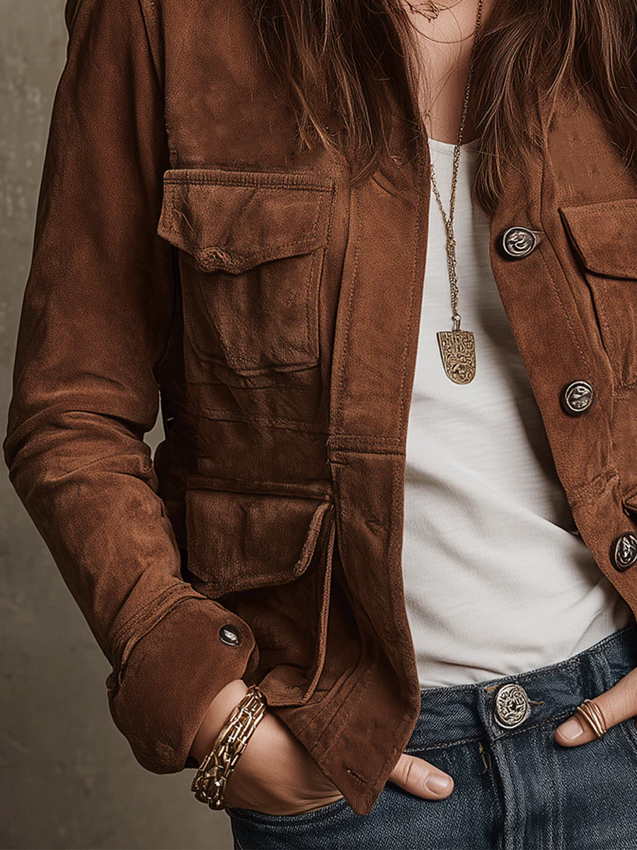 Vintage Brown Suede Utility Jacket - Image 4