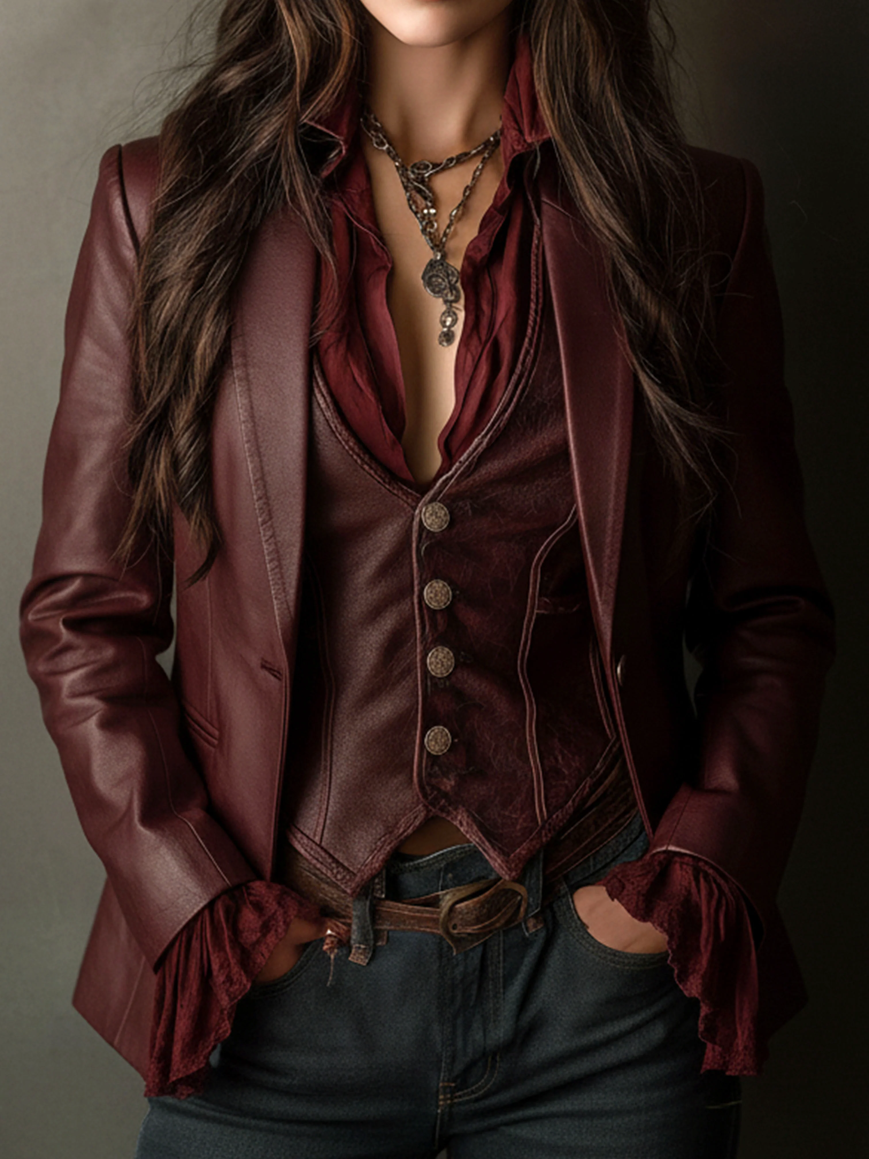 Vintage Burgundy Eco Leather Blazer