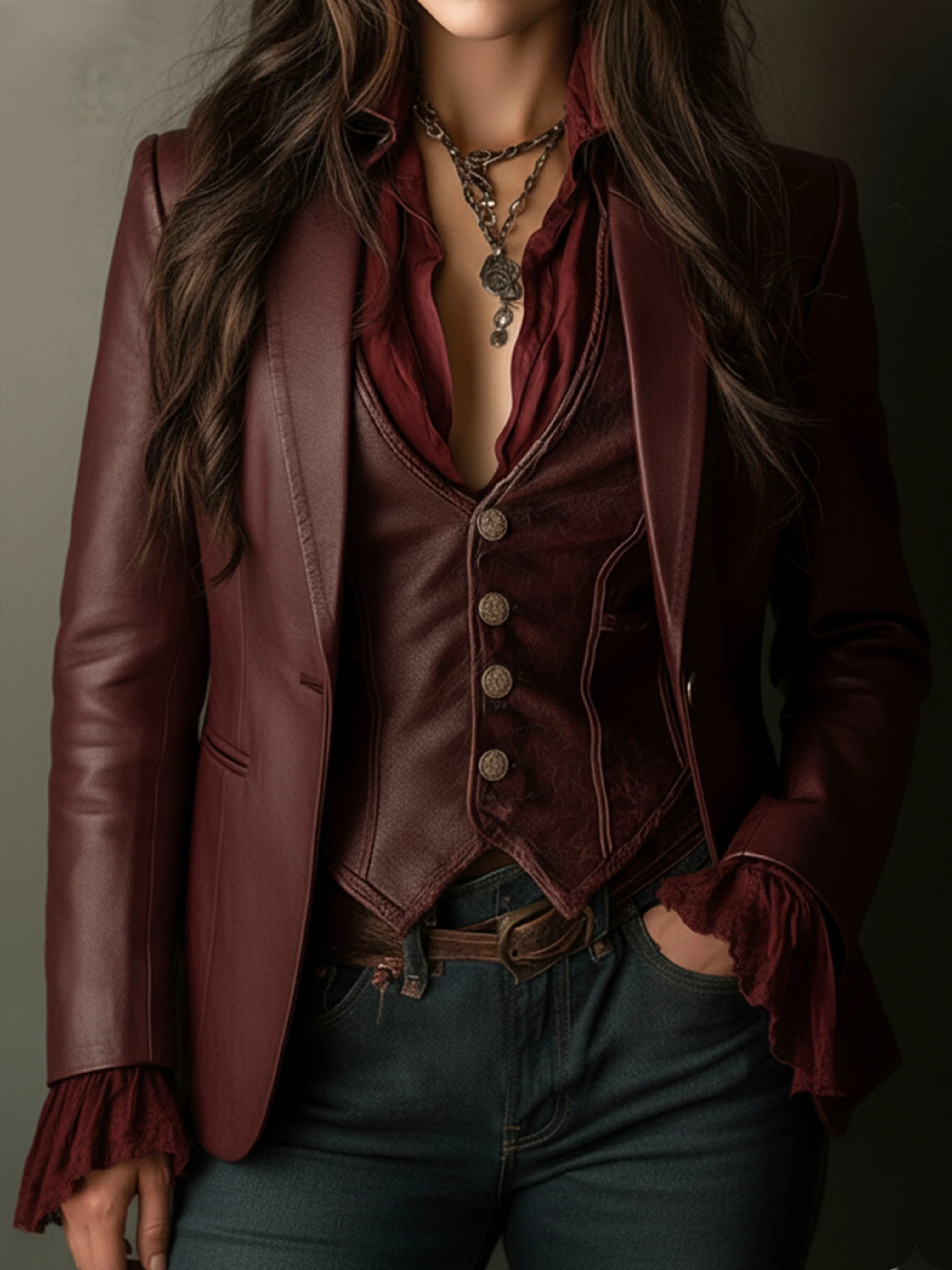 Vintage Burgundy Eco Leather Blazer - Image 2